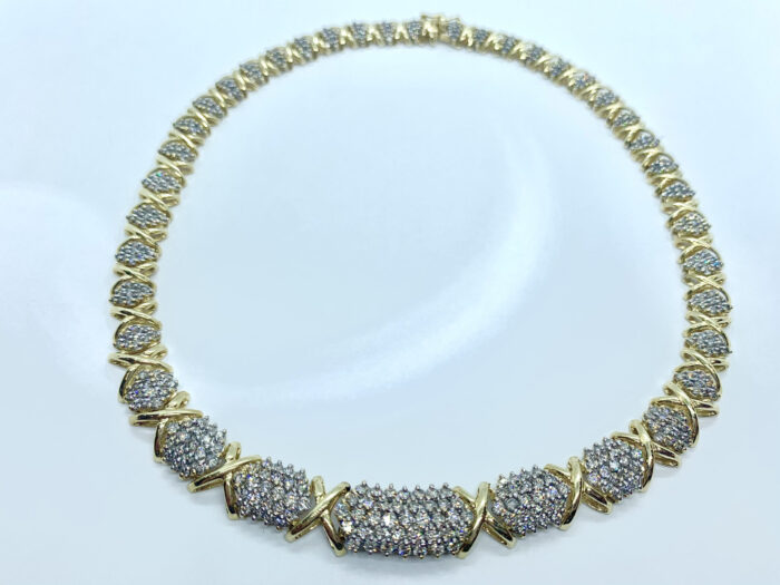Close-up of gold and diamond pendant necklace