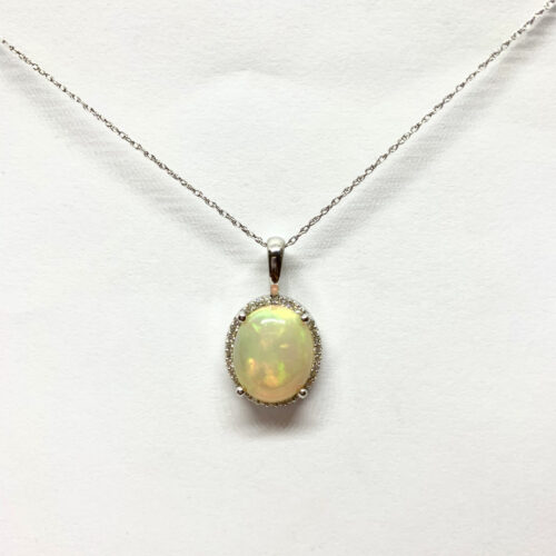 14K White Gold Ethiopian Opal Diamond Pendant
