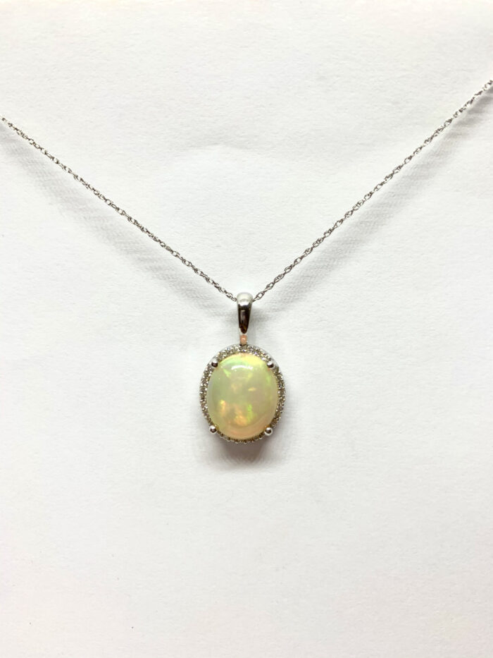 14K White Gold Ethiopian Opal Diamond Pendant