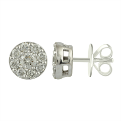 A pair of round diamond stud earrings in a white gold setting.
