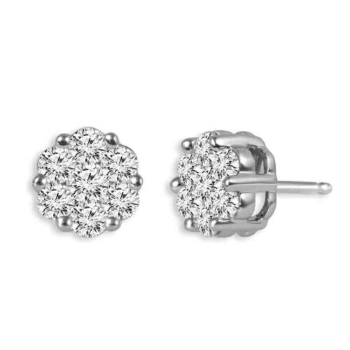 A pair of round diamond stud earrings set in silver, displayed against a white background.