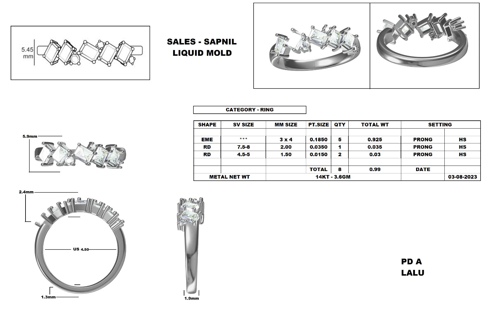 Technical drawing and details of a ring design