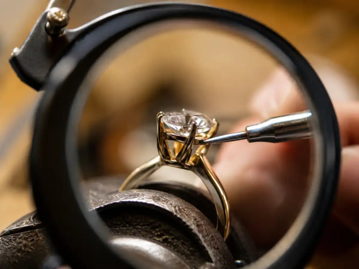 Ring prong repair at Regal Jewelers Victoria TX, close-up of prong retipping process