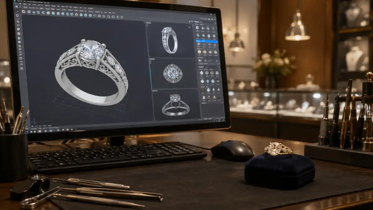 CAD rendering of custom ring design at Regal Jewelers Victoria TX, before and after custom jewelry process